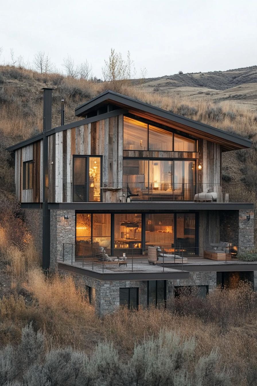 earth sheltered modern house facade built into hillside with reclaimed wood and metal accents overlooking a river down the hill 1