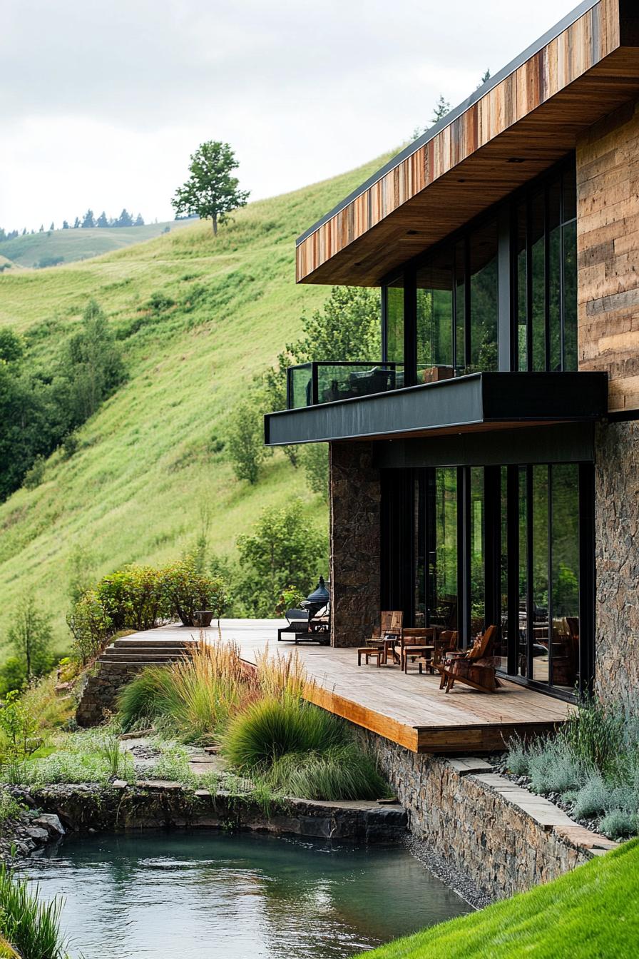 earth sheltered modern house facade built into hillside with reclaimed wood and metal accents overlooking a river down the hill 2