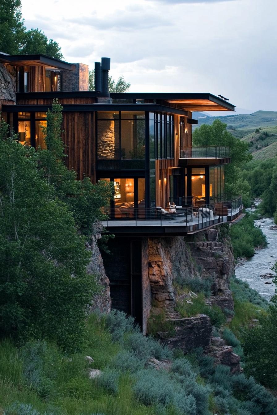 earth sheltered modern house facade built into hillside with reclaimed wood and metal accents overlooking a river down the hill 3