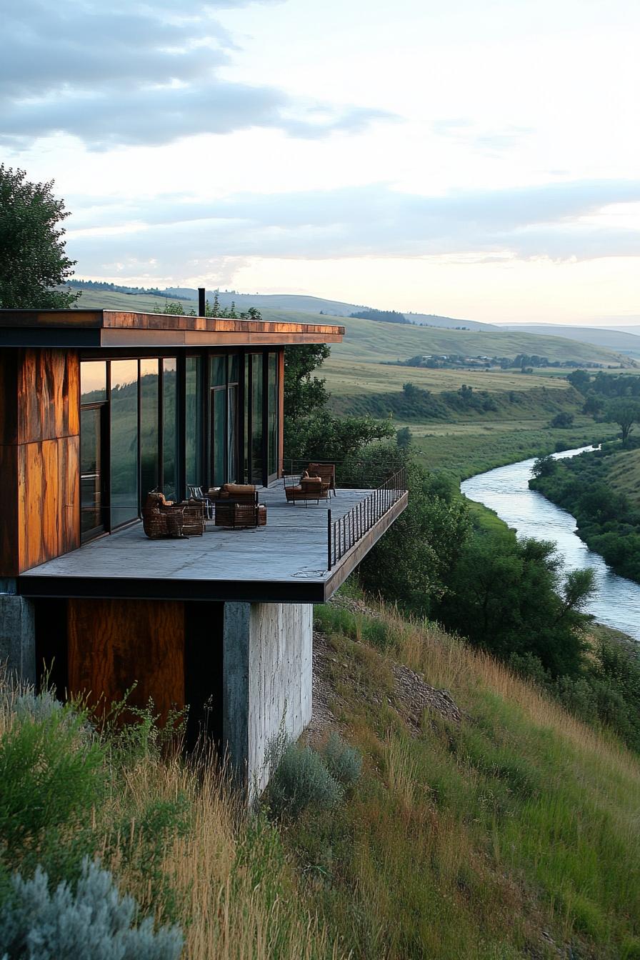 earth sheltered modern house facade built into hillside with reclaimed wood and metal accents overlooking a river down the hill