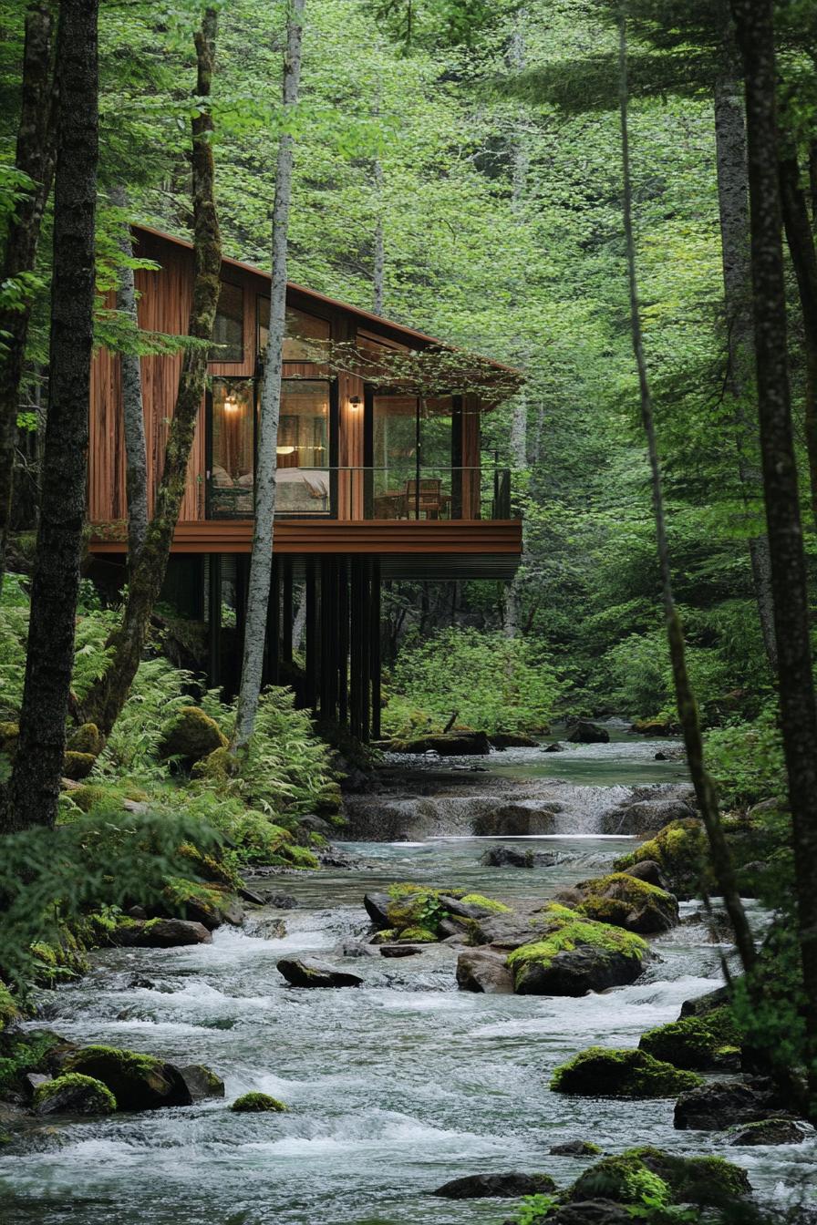 floating cabin house above forest stream in the woods with lush forest views 1