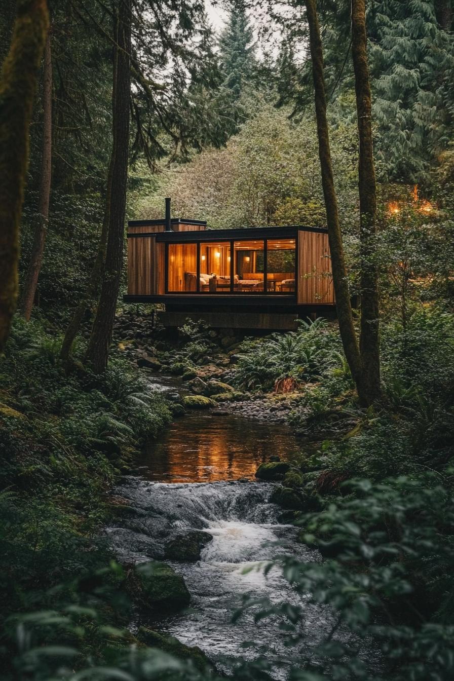 floating cabin house above forest stream in the woods with lush forest views 2