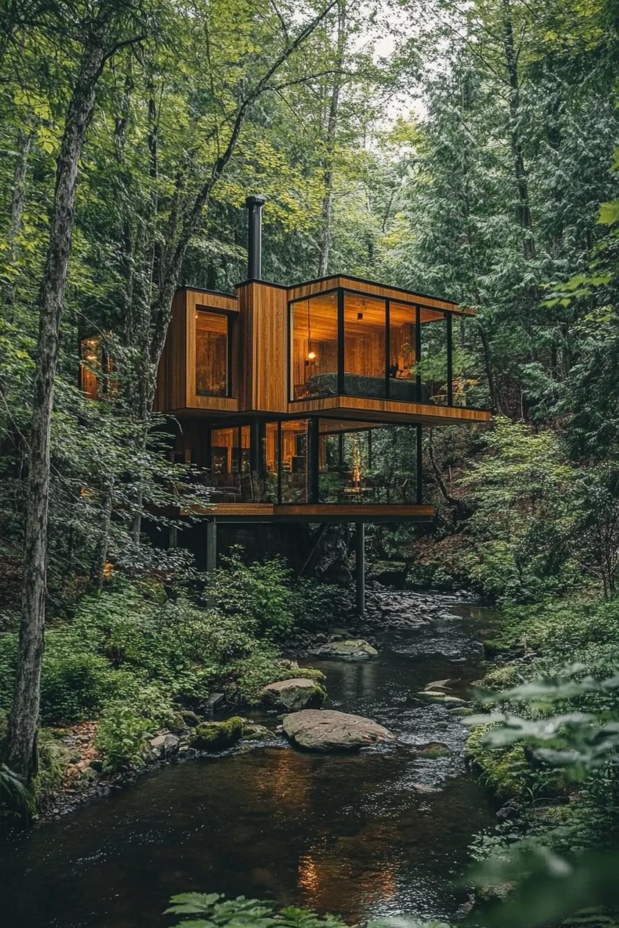 floating cabin house above forest stream in the woods with lush forest views 3