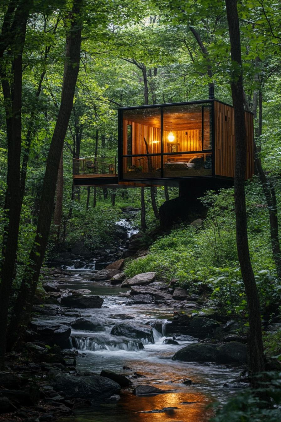 floating cabin house above forest stream in the woods with lush forest views