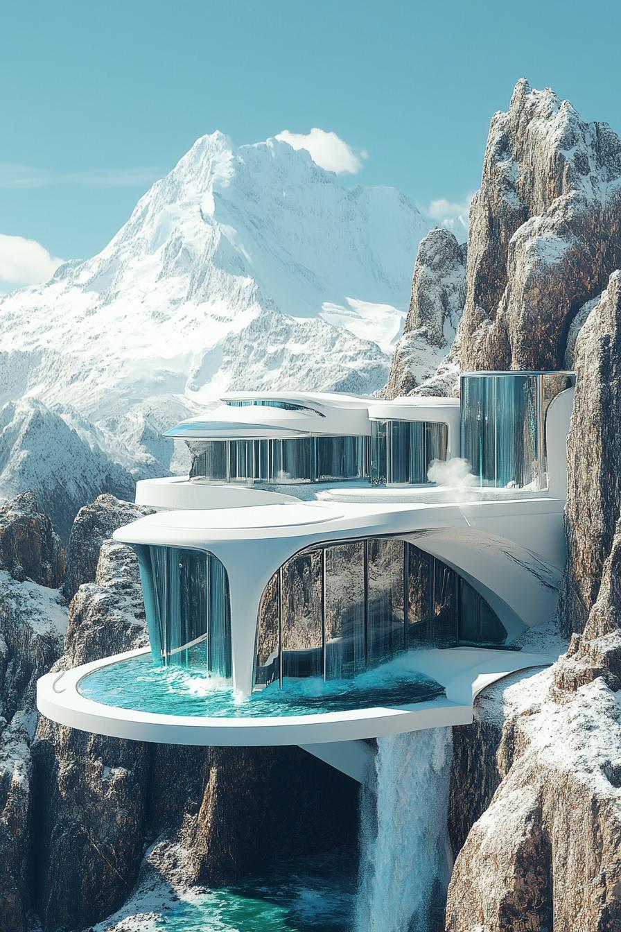 futuristic luxury mansion with imposing snow top mountain in the background 1