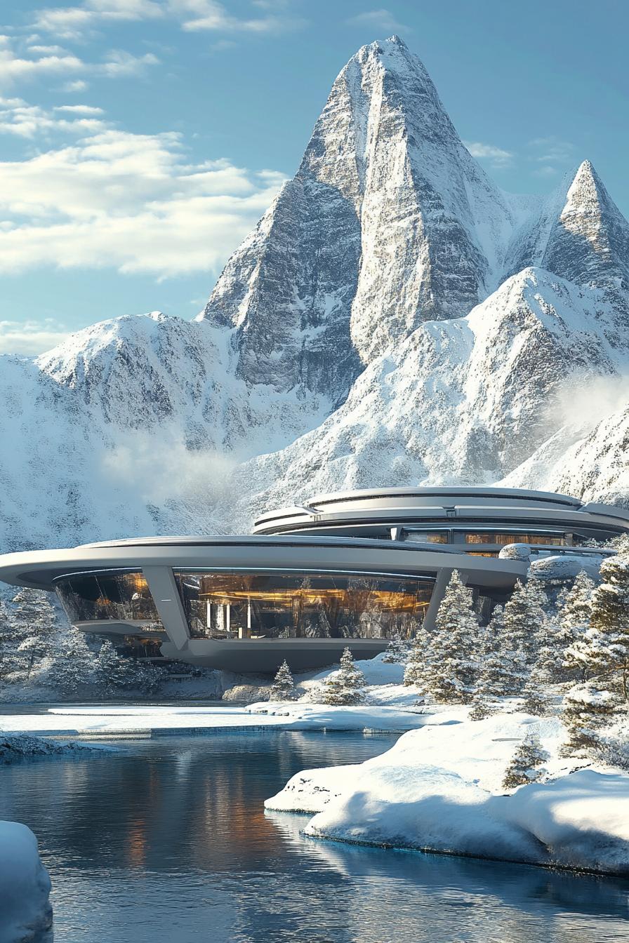 futuristic luxury mansion with imposing snow top mountain in the background 2