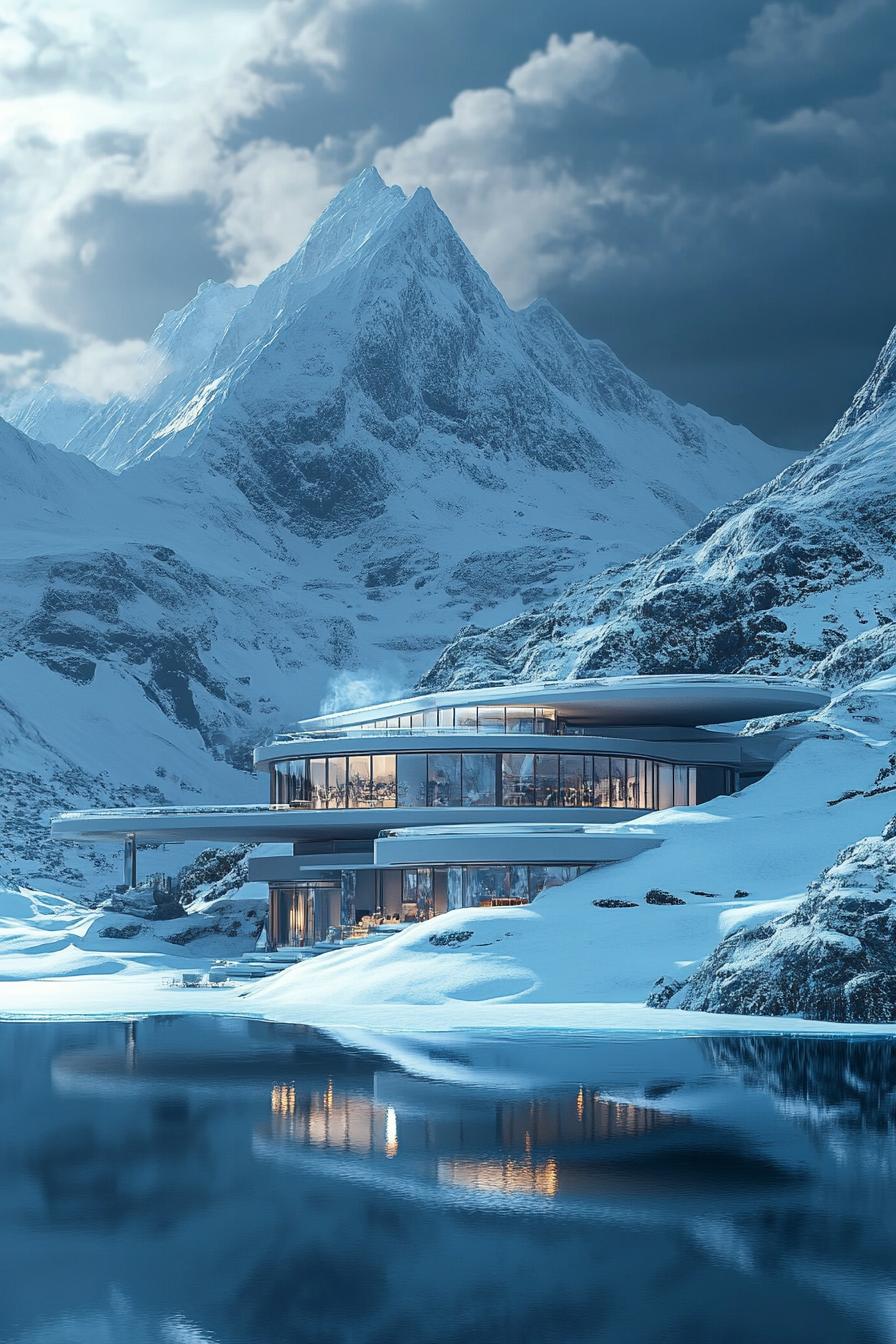 futuristic luxury mansion with imposing snow top mountain in the background 3