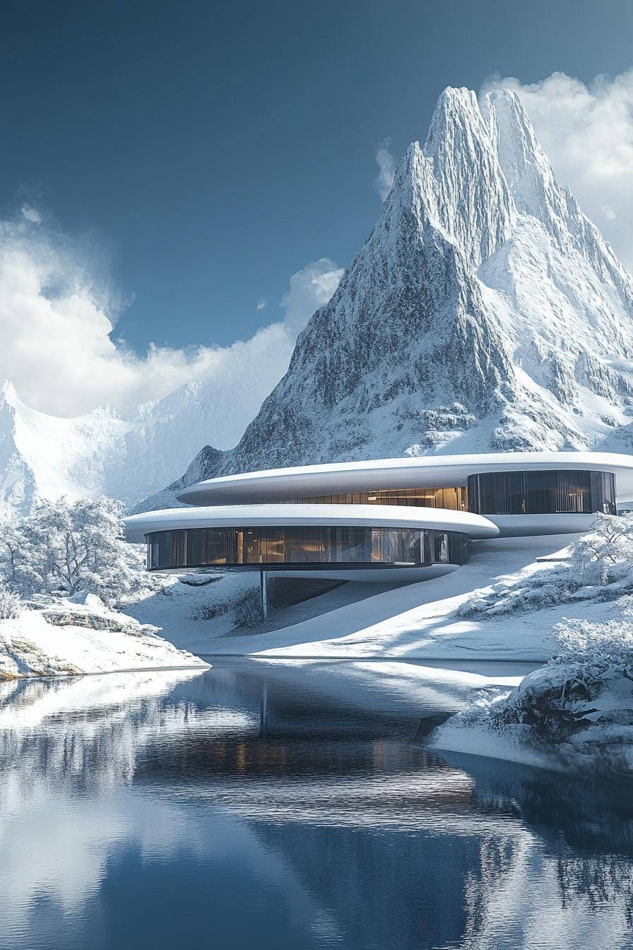 futuristic luxury mansion with imposing snow top mountain in the background