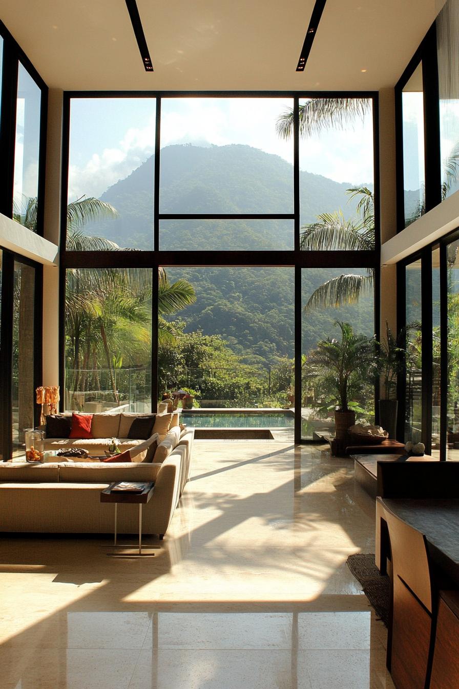 highly modern villa interior with full wall windows and tropical mountain views