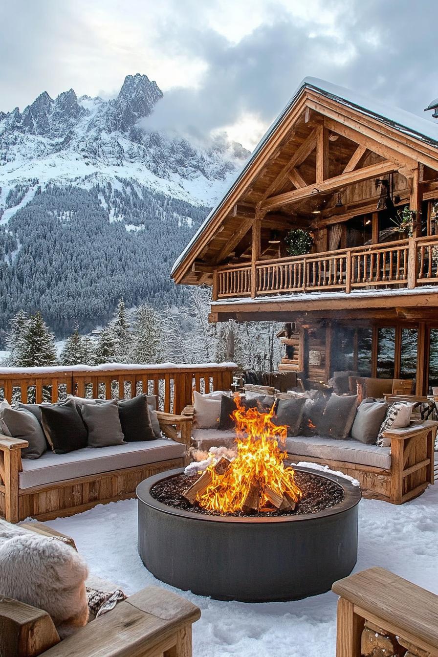 luxury alpine chalet villa with firepit lounge area outdoors stunning snowy mountain view 1