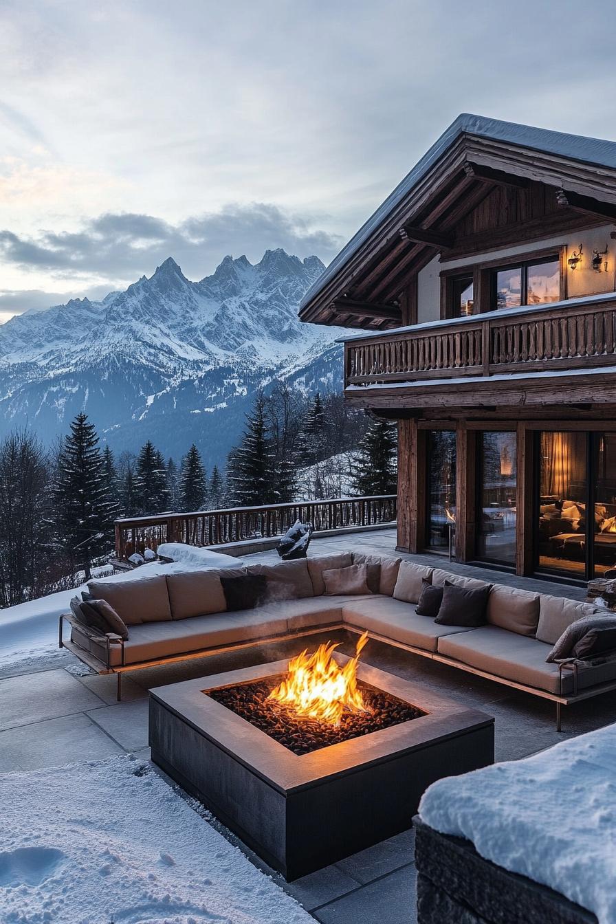 luxury alpine chalet villa with firepit lounge area outdoors stunning snowy mountain view 2