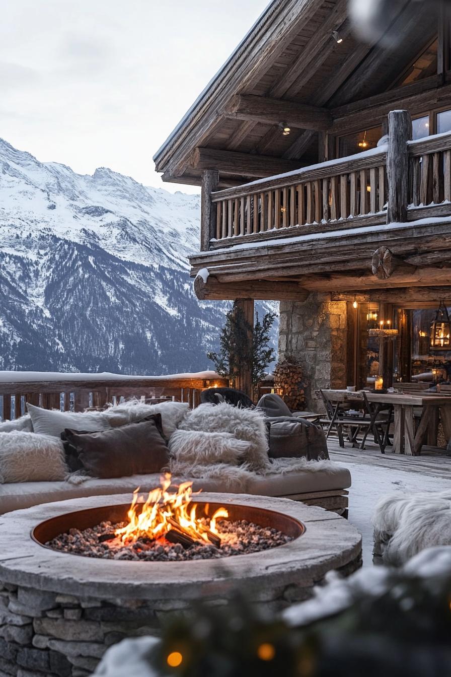 luxury alpine chalet villa with firepit lounge area outdoors stunning snowy mountain view 3