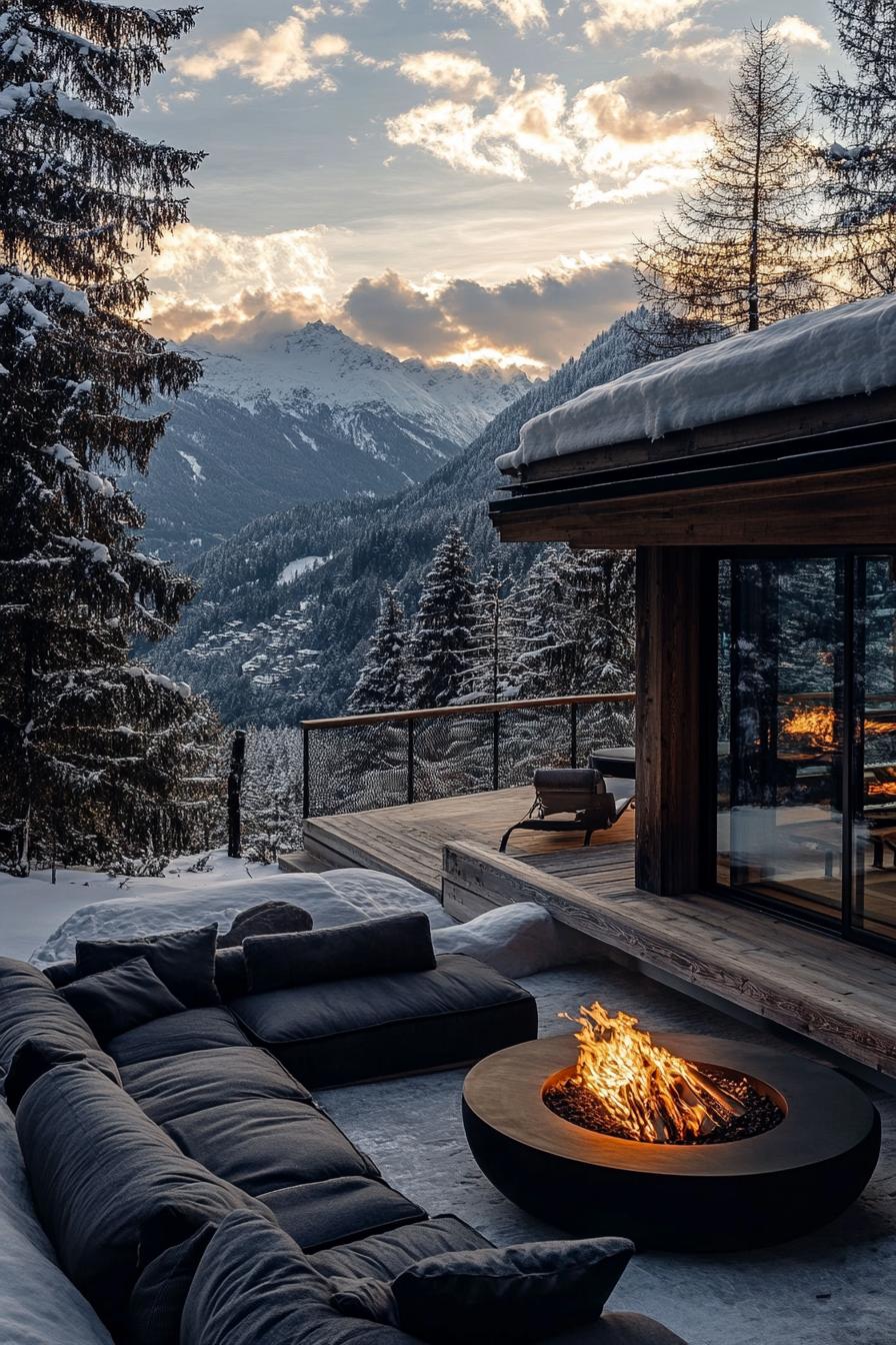 luxury alpine chalet villa with firepit lounge area outdoors stunning snowy mountain view