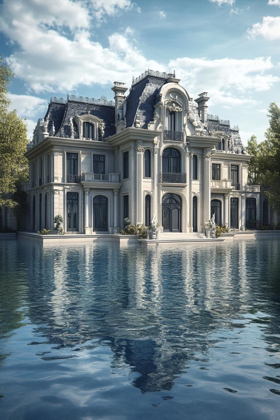 luxury expensive mansion house floating on a private lake