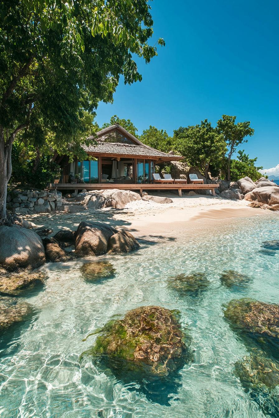 luxury villa on a sandy beach with private pier and stunning views of ocean submerged small rocky islands 1