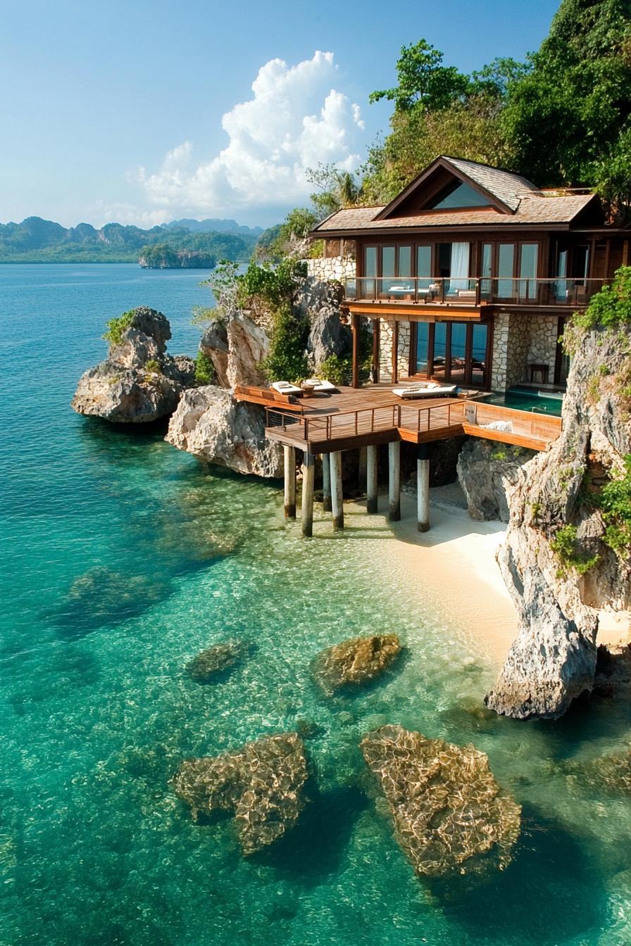 luxury villa on a sandy beach with private pier and stunning views of ocean submerged small rocky islands 2