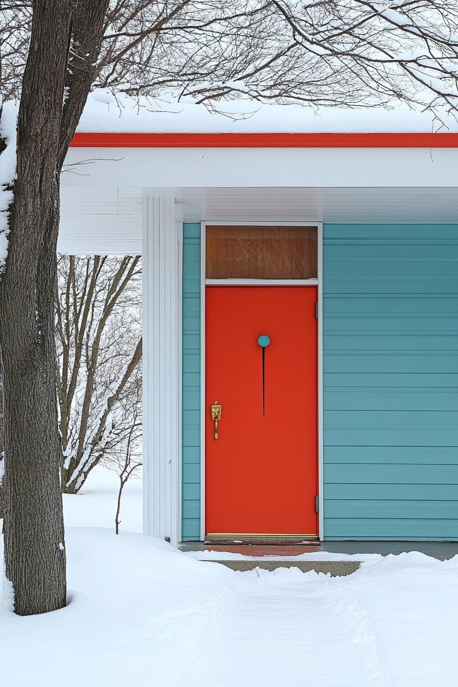 mid century modern 1950s style house entryway facade in popping accent color in winter 1