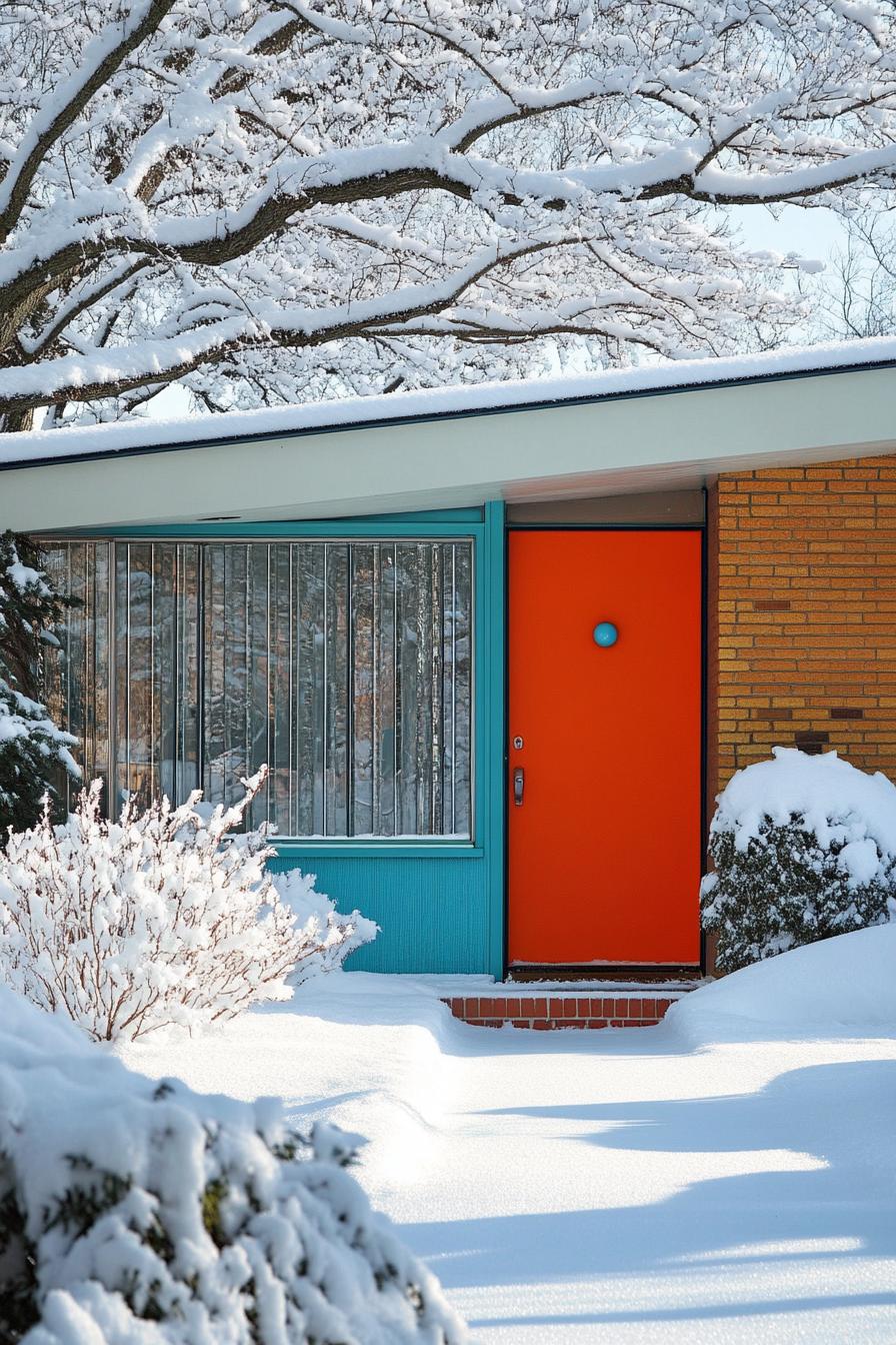 mid century modern 1950s style house entryway facade in popping accent color in winter 2