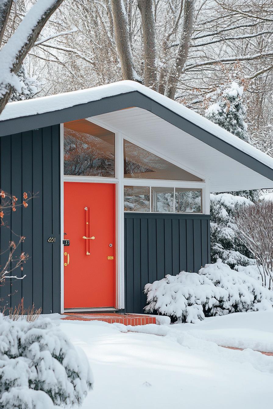 mid century modern 1950s style house entryway facade in popping accent color in winter 3