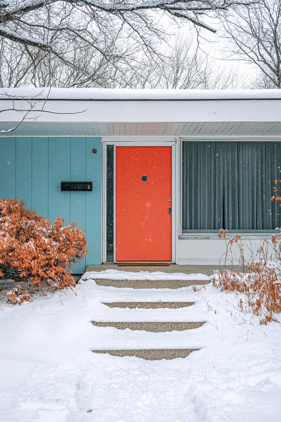 mid century modern 1950s style house entryway facade in popping accent color in winter