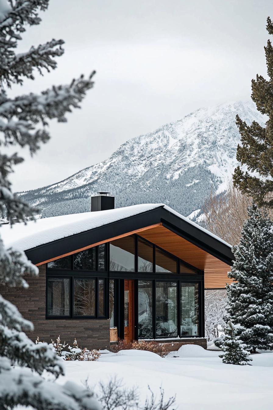 mid century modern cabin facade with black trim imposing snowy mountain in the background 1