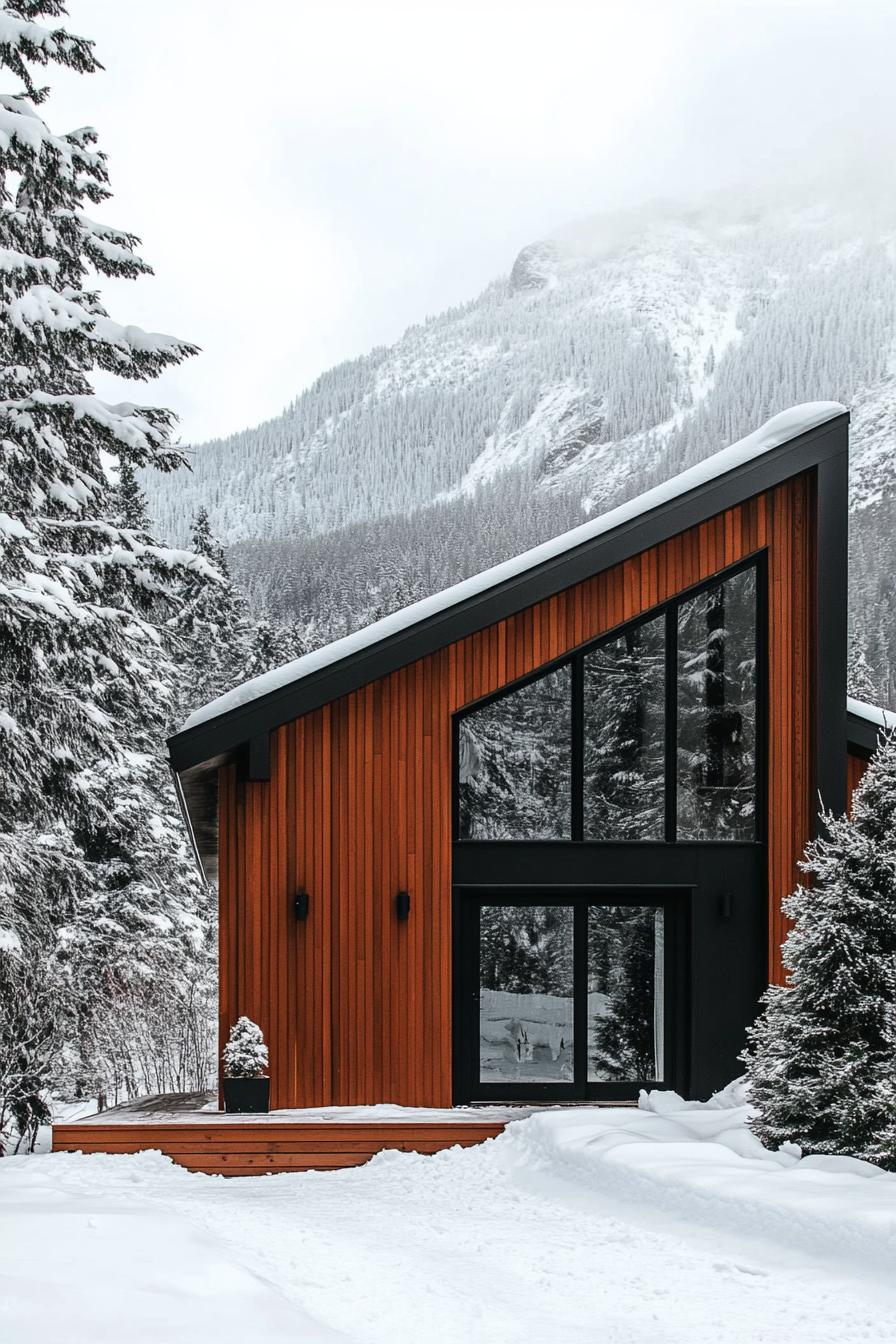 mid century modern cabin facade with black trim imposing snowy mountain in the background 2