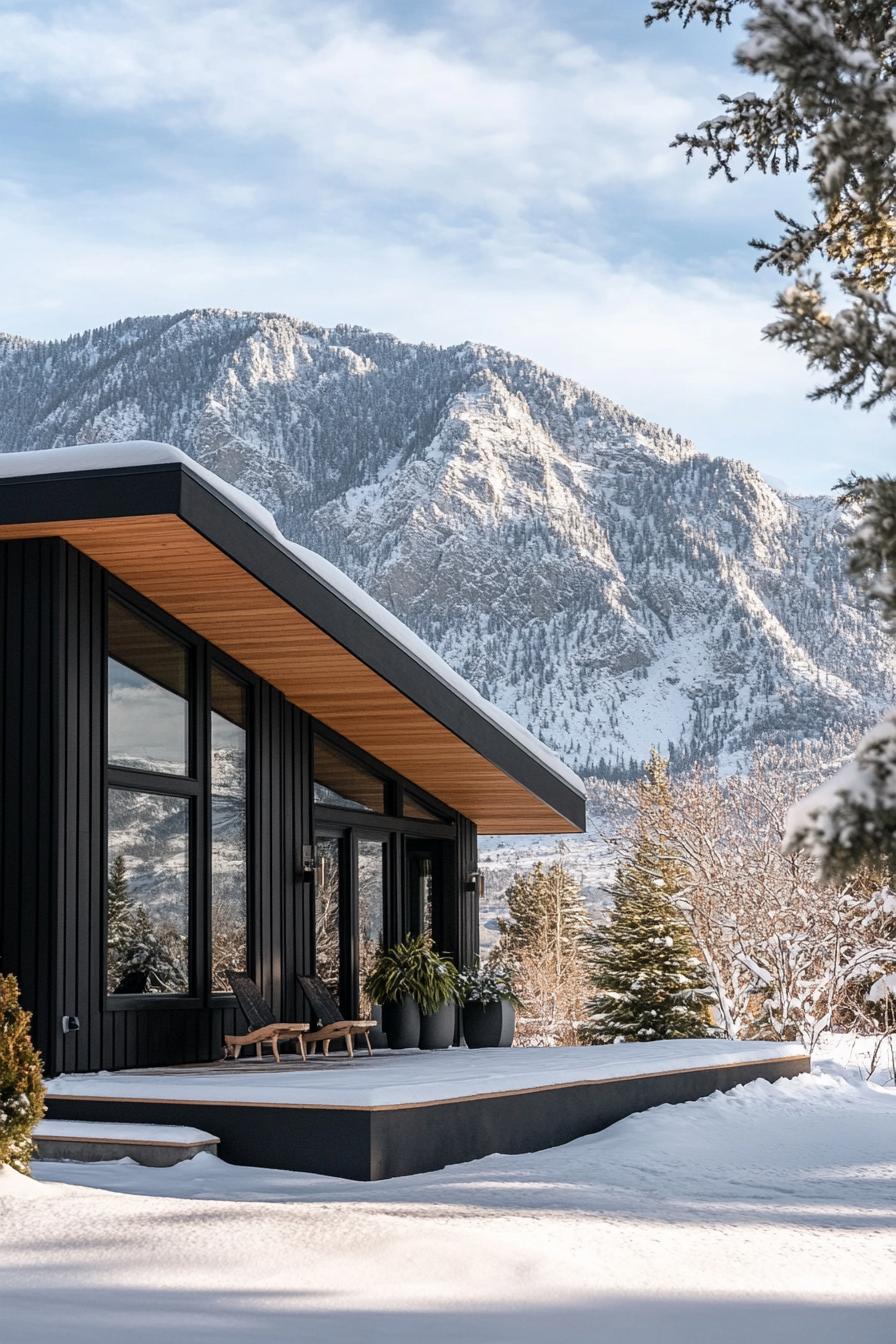 mid century modern cabin facade with black trim imposing snowy mountain in the background 3