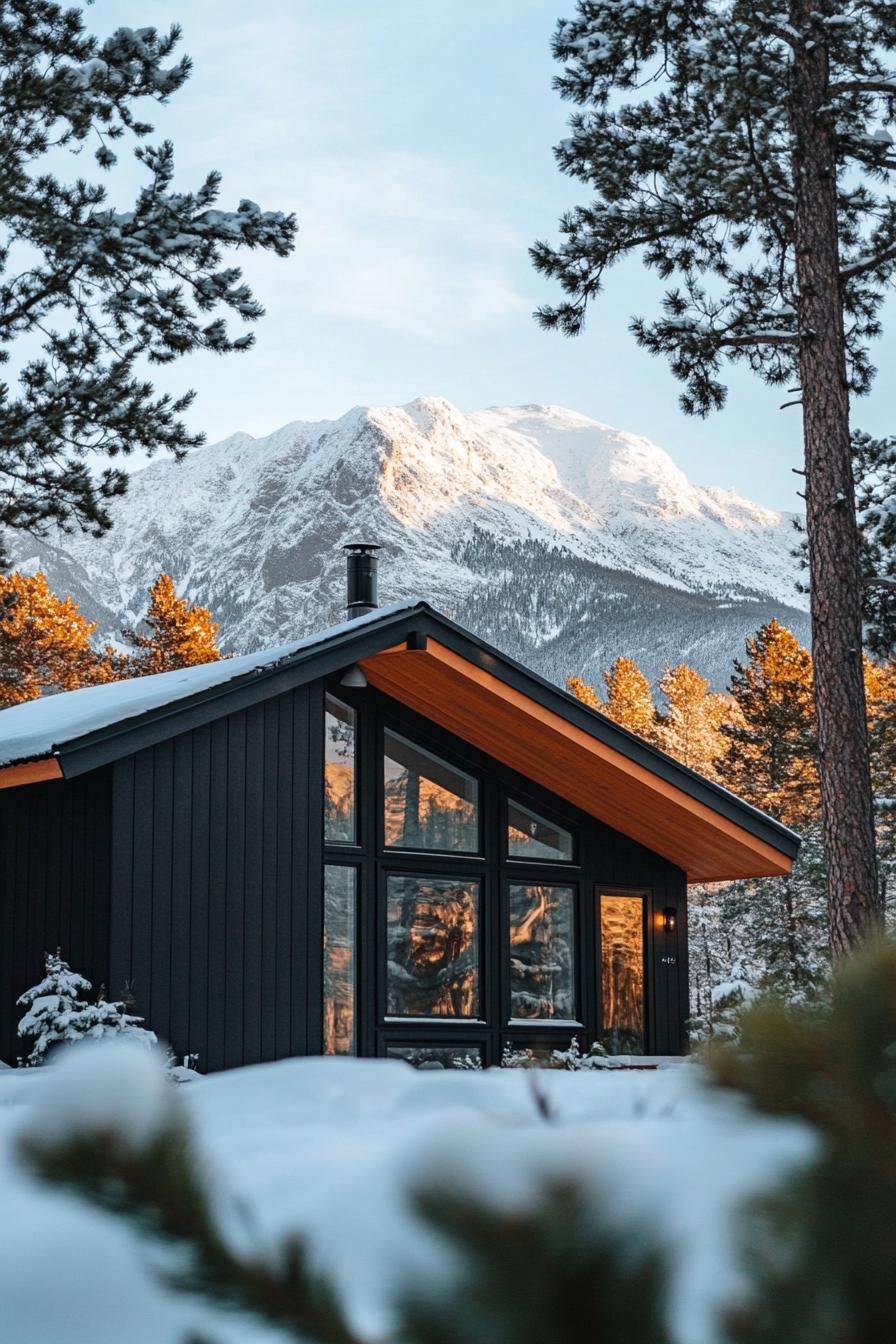 mid century modern cabin facade with black trim imposing snowy mountain in the background