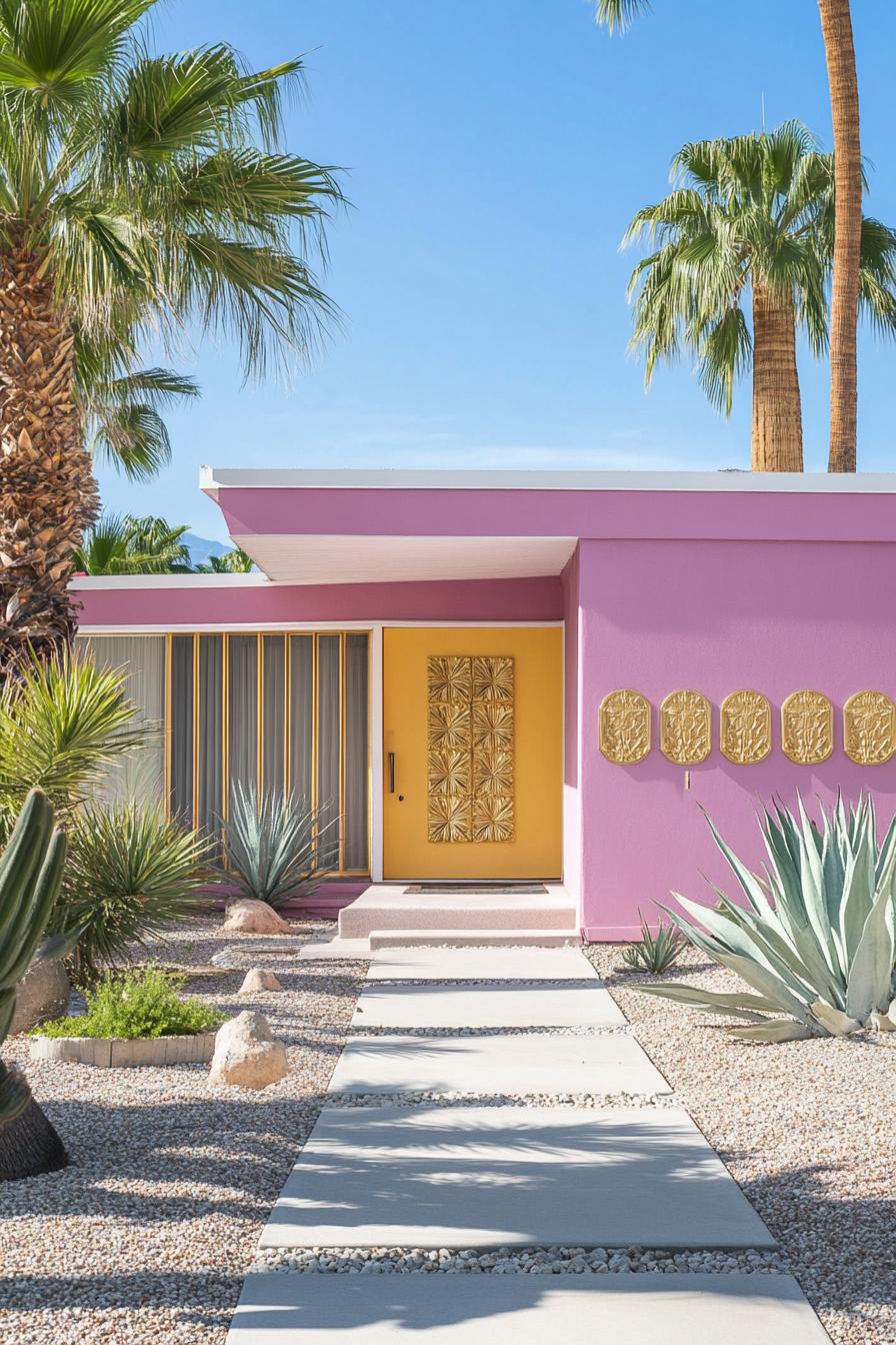 mid century modern house facade in deep plum and blush pink colors with retro gold accents 1