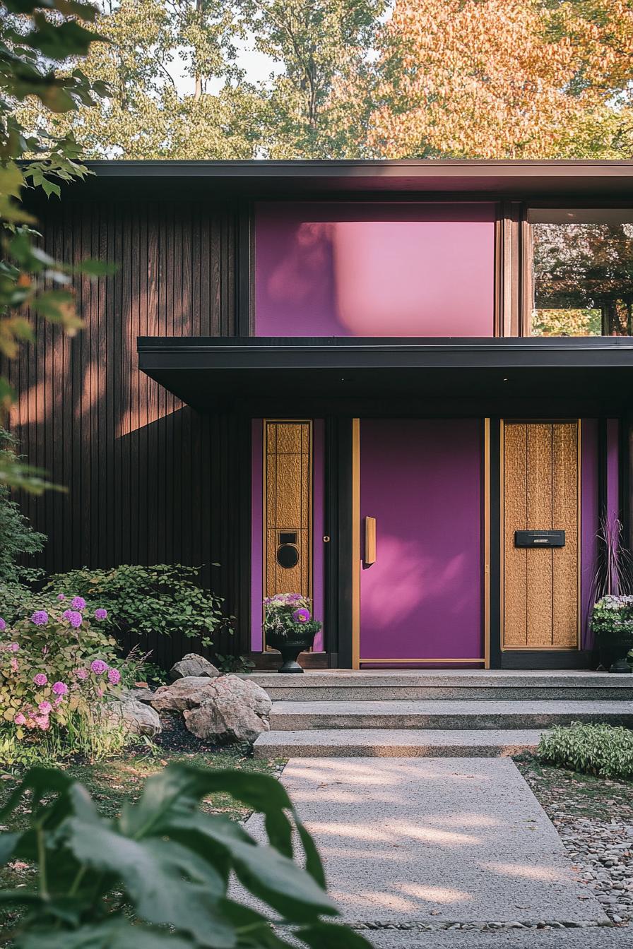 mid century modern house facade in deep plum and blush pink colors with retro gold accents 2