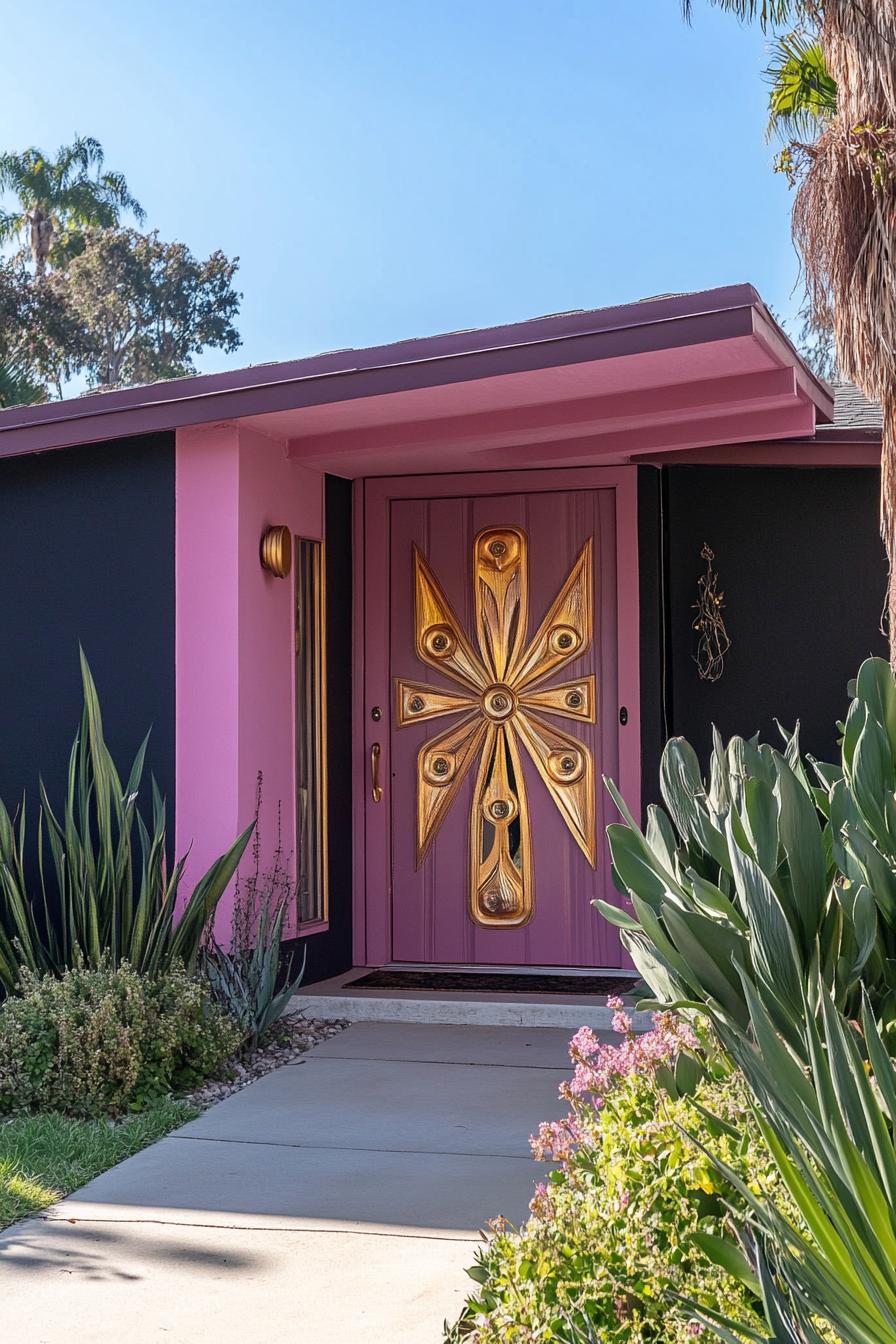 mid century modern house facade in deep plum and blush pink colors with retro gold accents 3