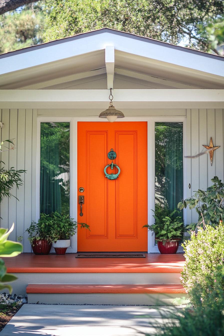 mid century modern house front porch with vibrant orange door and vintage knocker 1