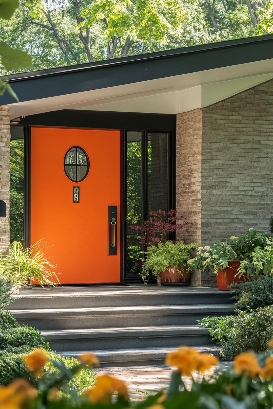 mid century modern house front porch with vibrant orange door and vintage knocker 2