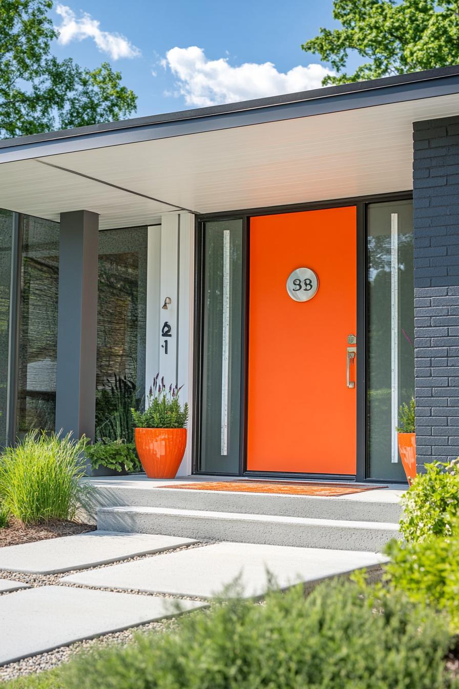 mid century modern house front porch with vibrant orange door and vintage knocker 3