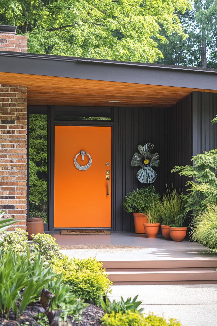 mid century modern house front porch with vibrant orange door and vintage knocker