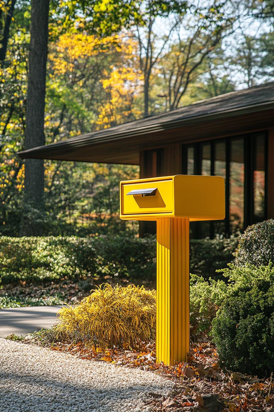 mid century modern house front yard statement mailbox in bright shade of yellow 1