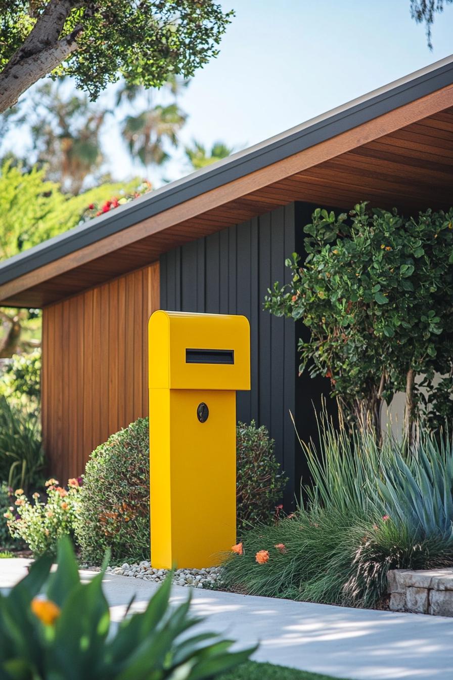 mid century modern house front yard statement mailbox in bright shade of yellow 2