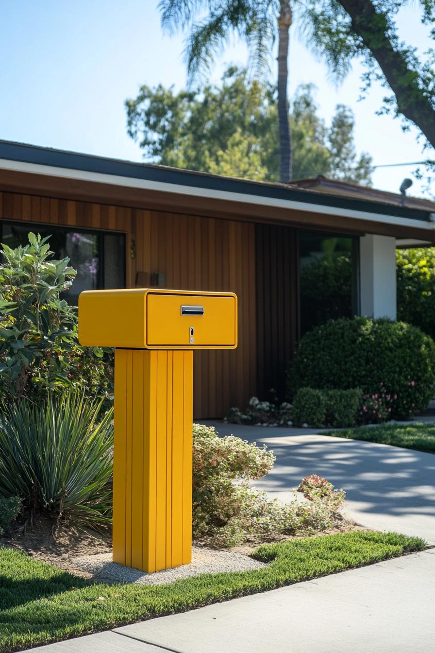 mid century modern house front yard statement mailbox in bright shade of yellow 3