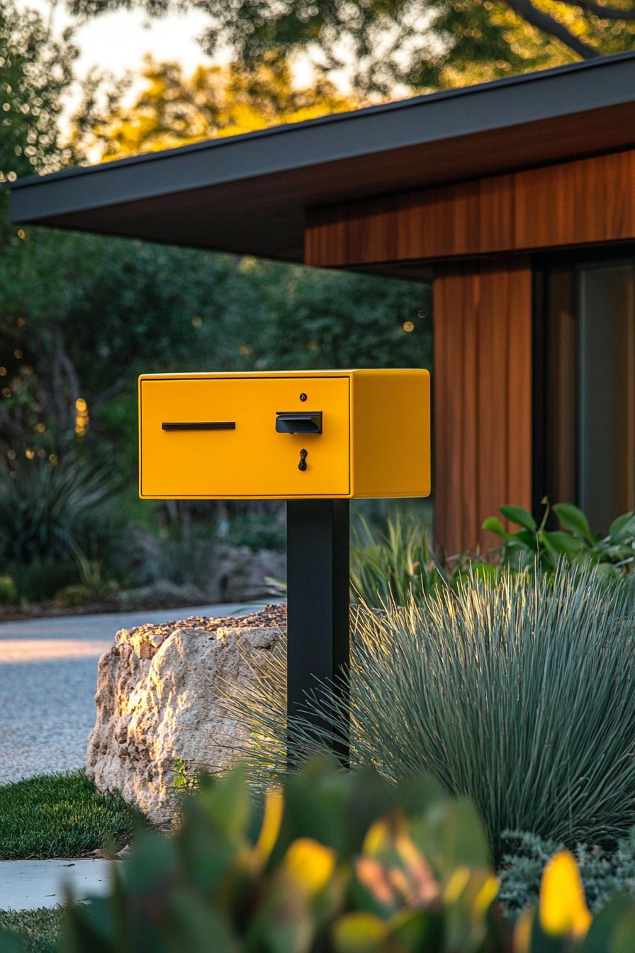 mid century modern house front yard statement mailbox in bright shade of yellow