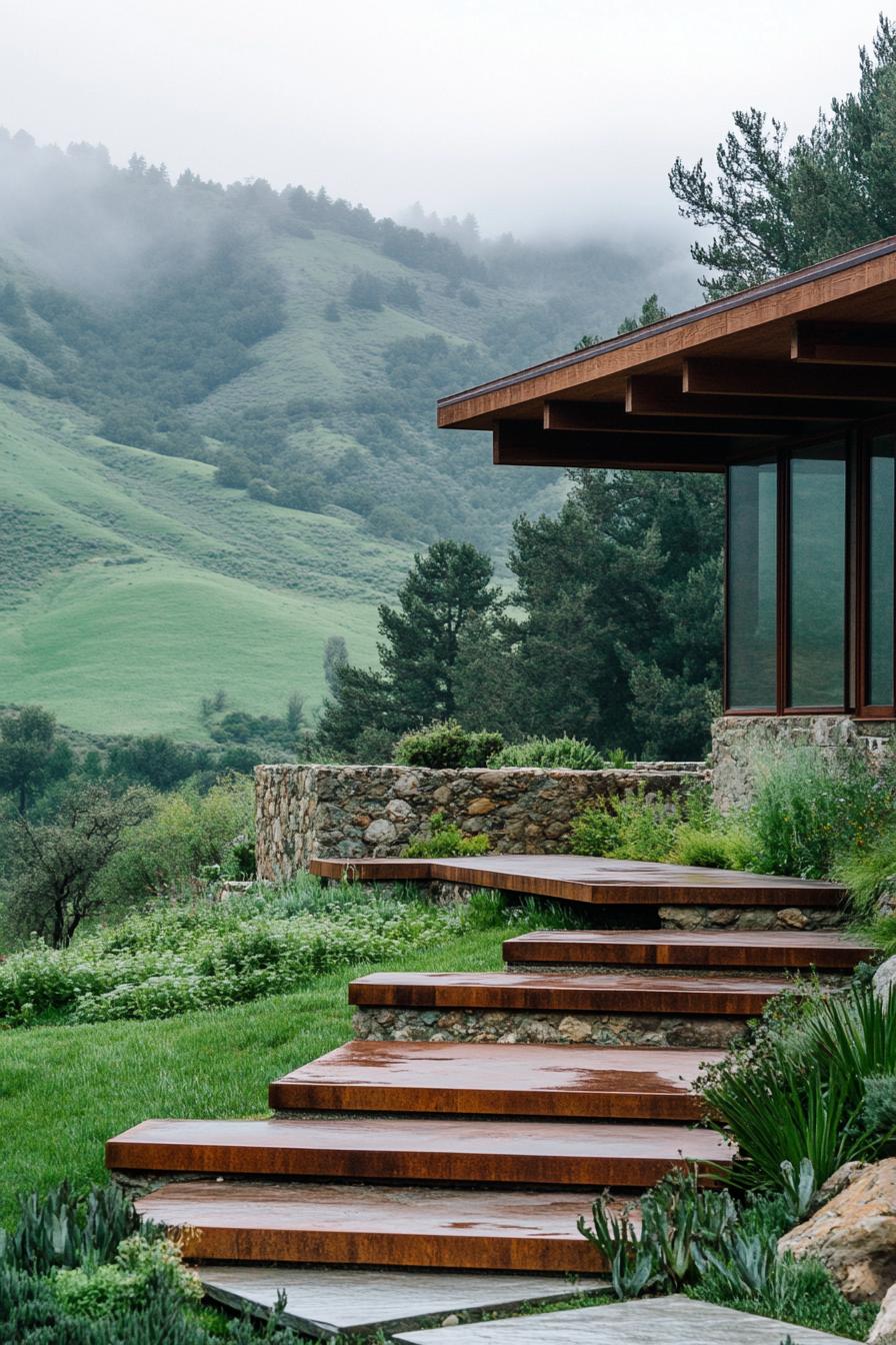 mid century modern lodge outdoor floating stairs dreamy green valley in the background 2