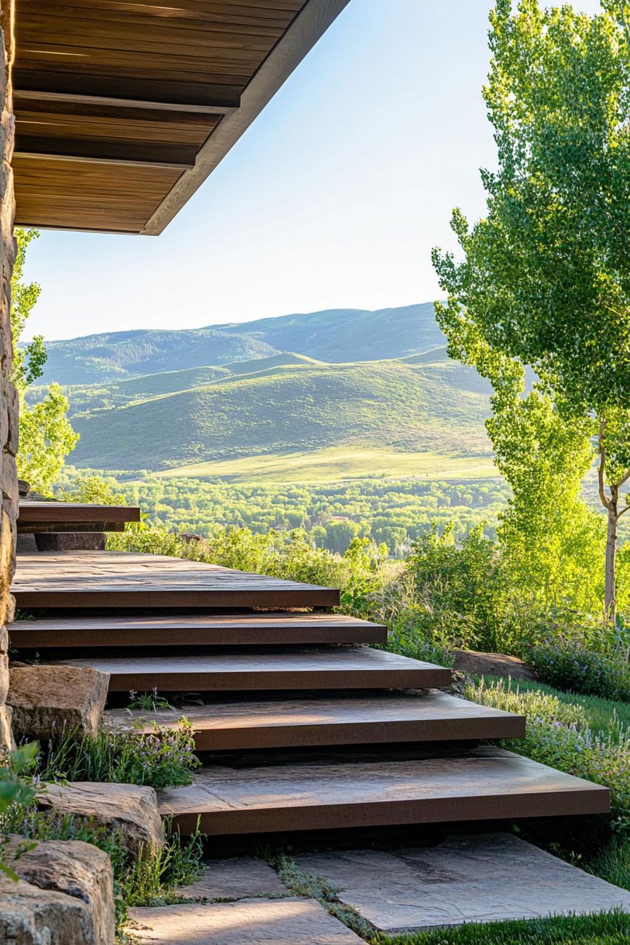 mid century modern lodge outdoor floating stairs dreamy green valley in the background 3