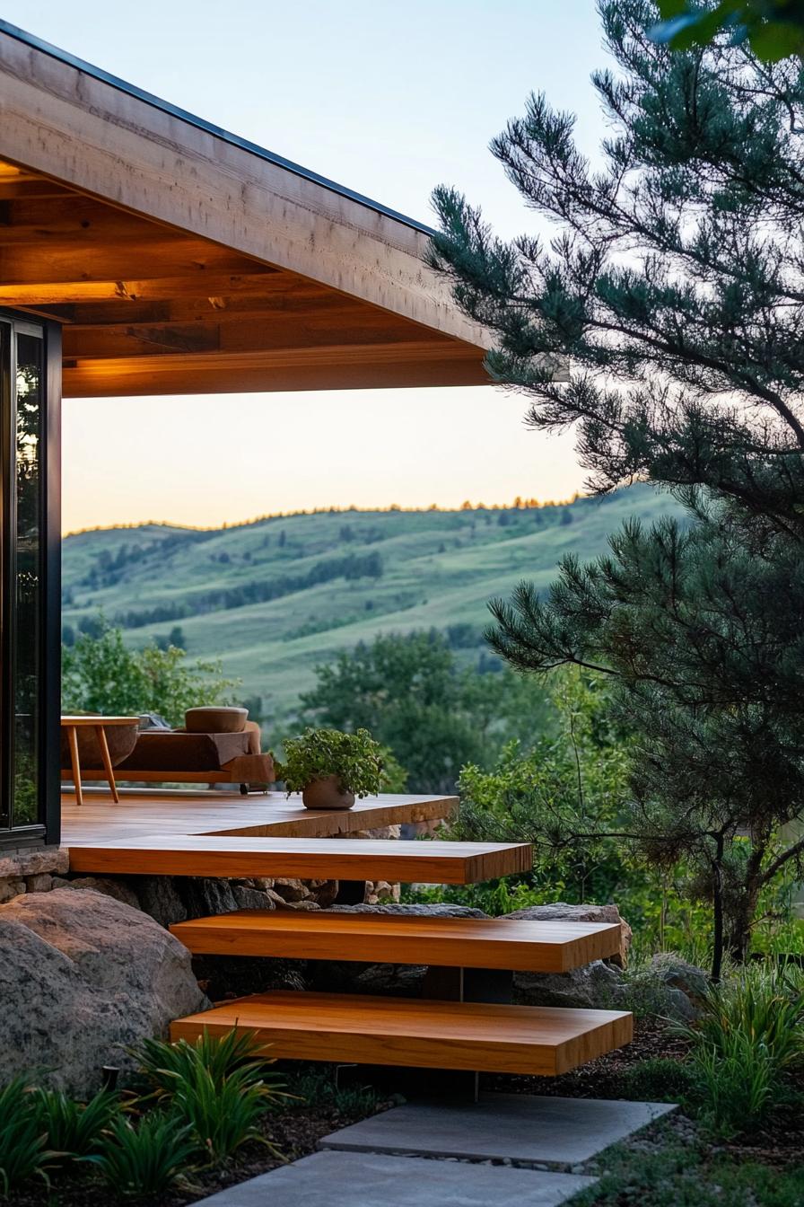 mid century modern lodge outdoor floating stairs dreamy green valley in the background