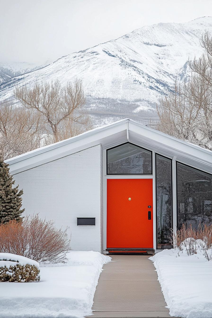 modern 70s style house exterior with vibrant shade of red front door imposing white mountain in the background in winter 1