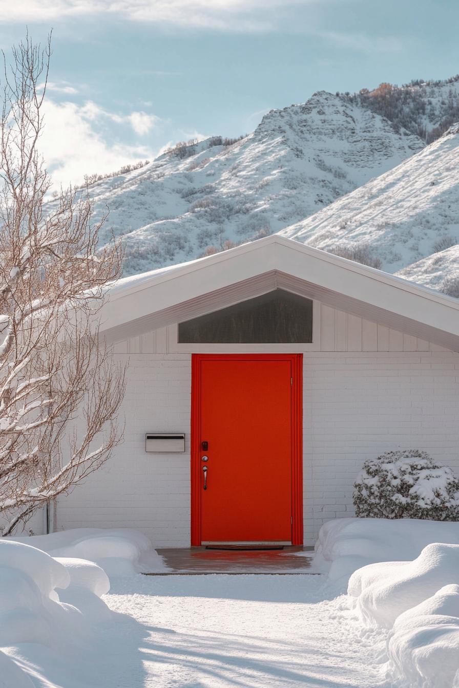 modern 70s style house exterior with vibrant shade of red front door imposing white mountain in the background in winter 2