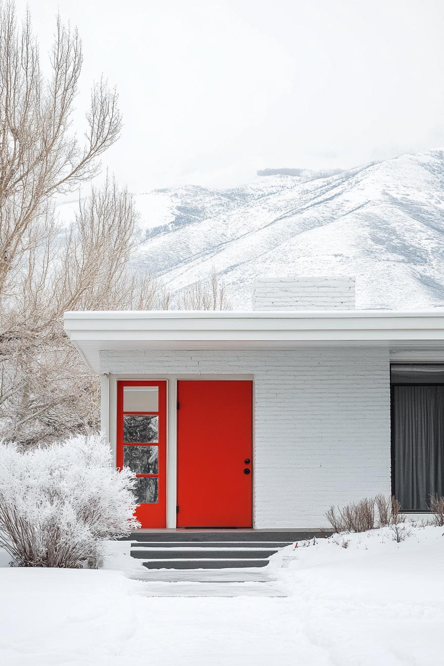 modern 70s style house exterior with vibrant shade of red front door imposing white mountain in the background in winter 3