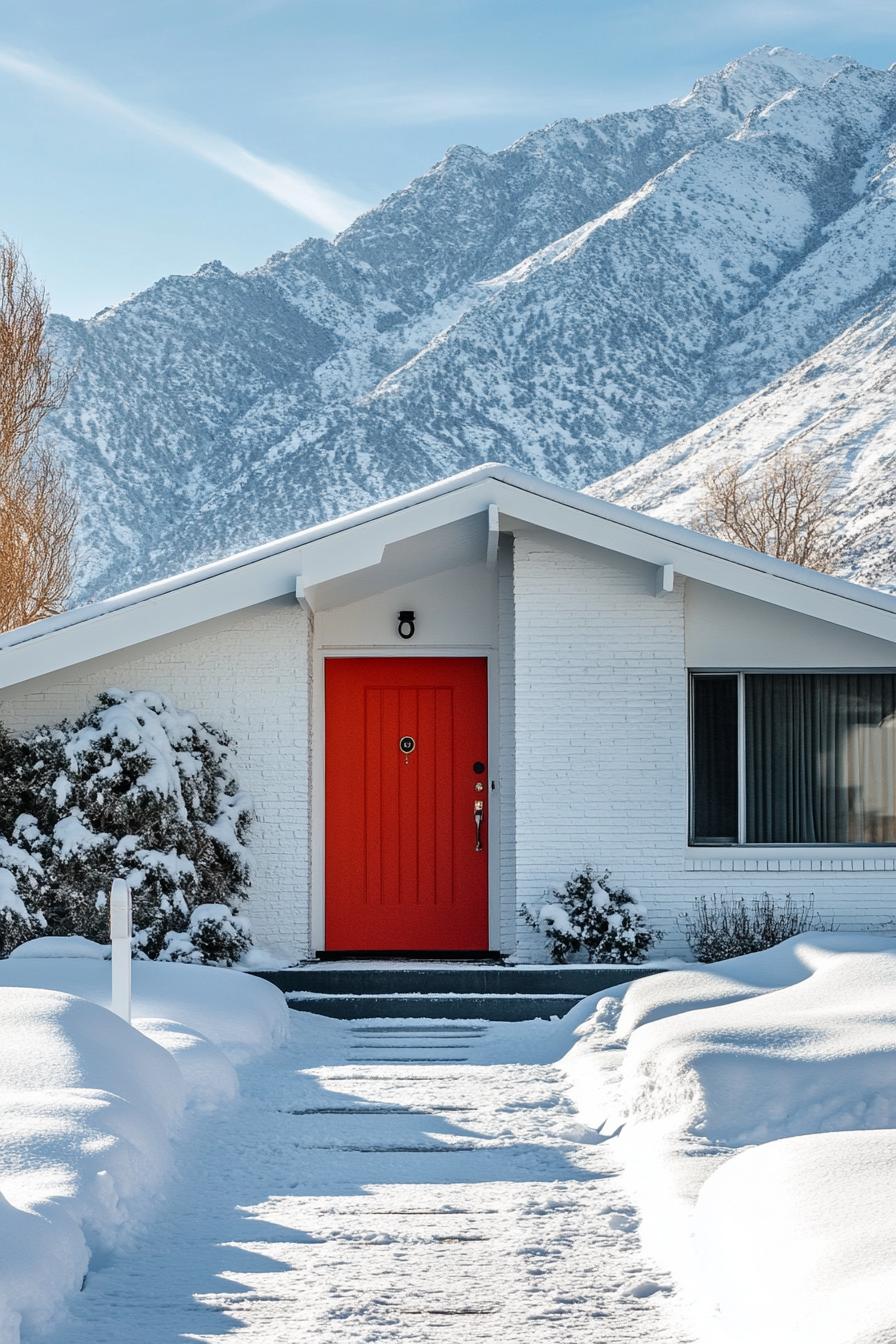 modern 70s style house exterior with vibrant shade of red front door imposing white mountain in the background in winter