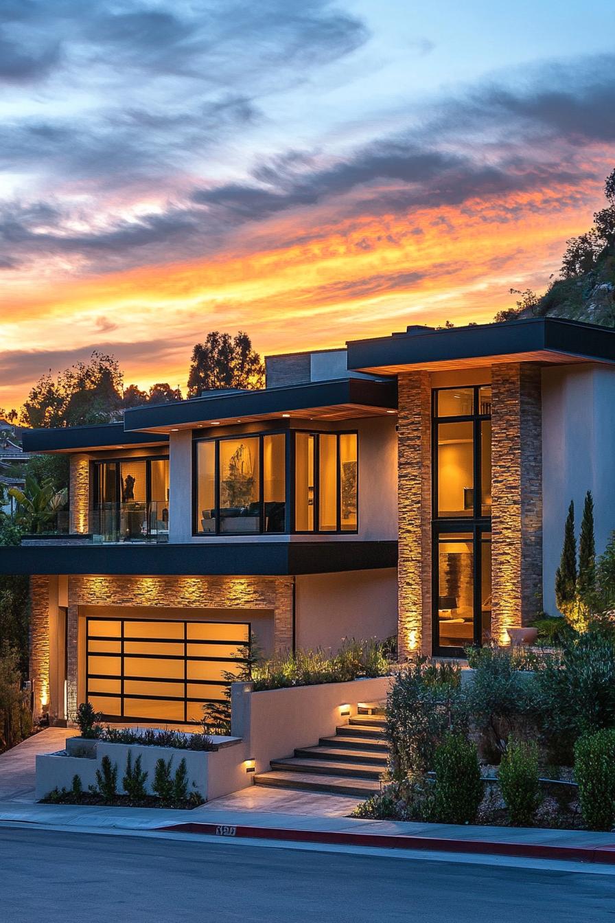 modern California house facade with overhanging eaves and LED lighting stunning Californian sunset view 1