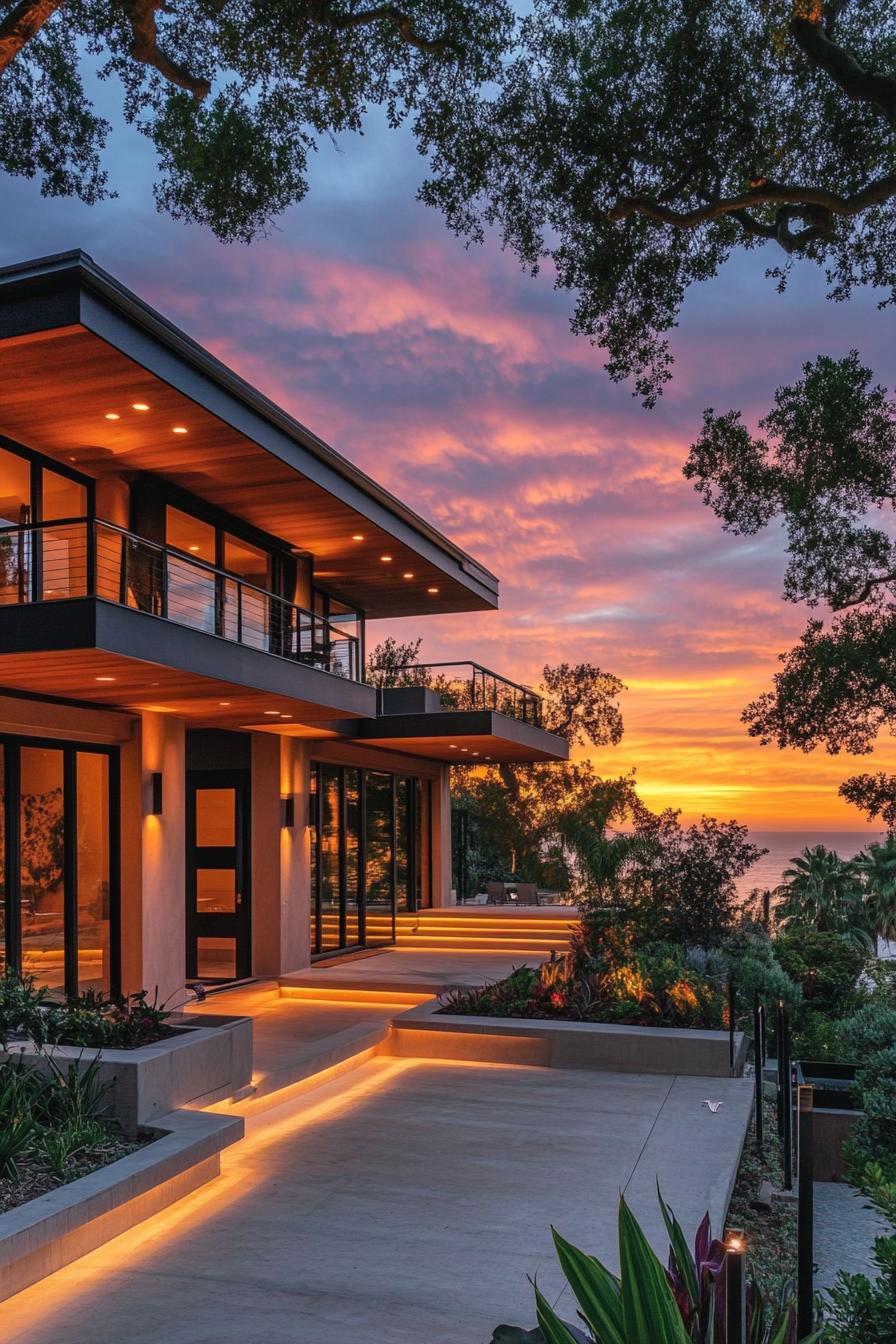 modern California house facade with overhanging eaves and LED lighting stunning Californian sunset view 2