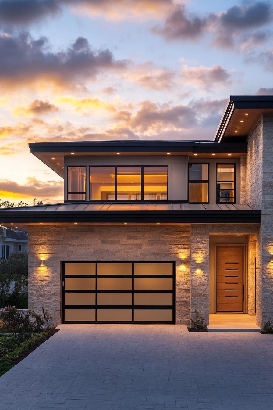 modern California house facade with overhanging eaves and LED lighting stunning Californian sunset view 3