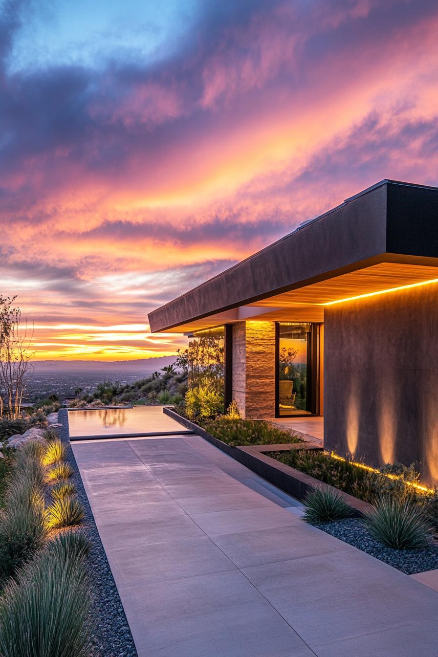 modern California house facade with overhanging eaves and LED lighting stunning Californian sunset view